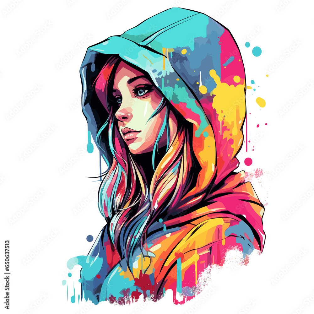 Naklejka premium Hooded girl colorful, Illustration, Watercolor PNG