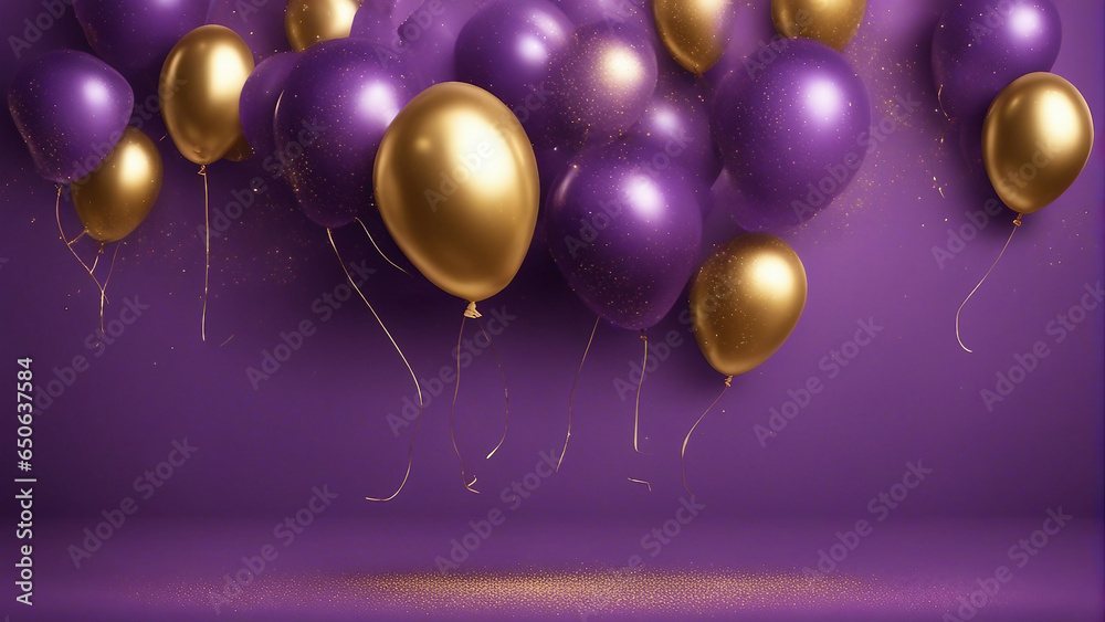 golden and purple balloons with particles banner template - obrazy, fototapety, plakaty 