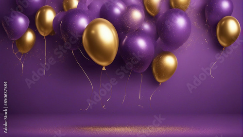 golden and purple balloons with particles banner template photo