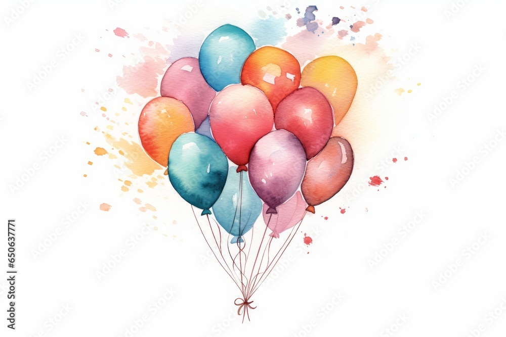 Watercolor balloons arranged in a bouquet on white background. AI generated