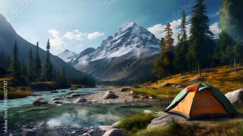 a tent standing near a mountain river