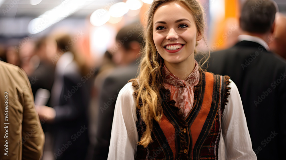 Eine lächelnde Frau auf einer Lebensmittel - Messe Eine lächelnde Frau auf einer Lebensmittel - Messe