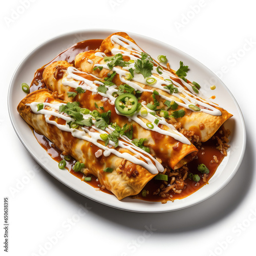 Chicken Enchiladas on white background Ai generative