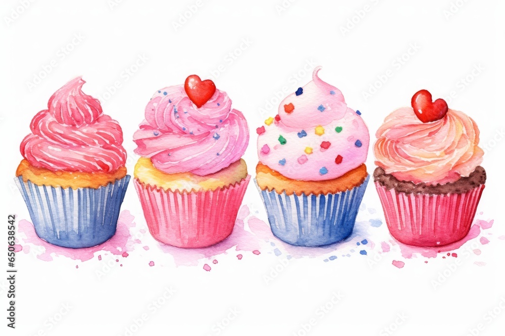 Watercolor cupcakes with heart-shaped sprinkles on white background. AI generated