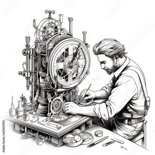Precise watchmaker assembles intricate timepieces in cartoon style