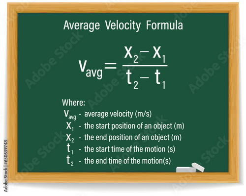 Average Velocity Formula on a green chalkboard. Displacement over time. Education. Science. Formula. Vector illustration.