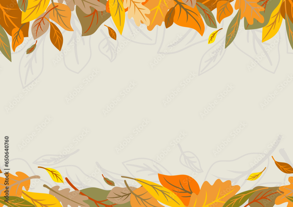 Autumn leaves border, Vector seamless pattern with fall leaves. Background with decorative elements for printing.