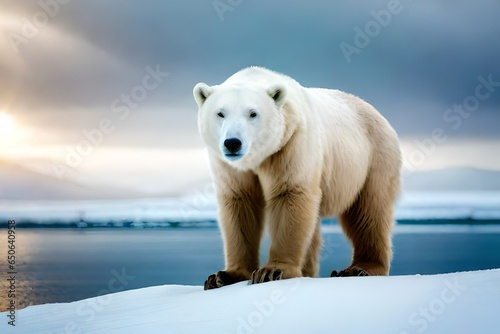 A large male polar bear stares in the ice.