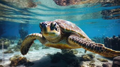 Graceful sea turtle swimming  marine life  underwater  tranquil  reptile  conservation Ai Generative