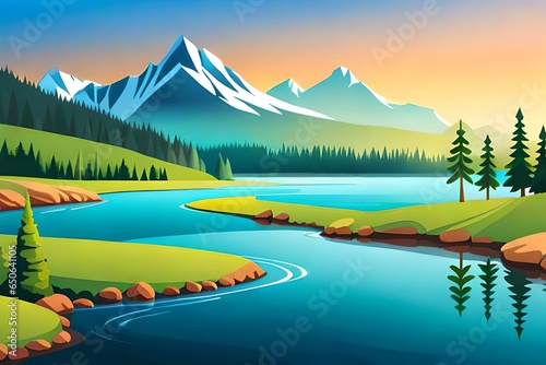 Beautiful mountain river landscape. Cartoon panoramas coniferous forest fast river and fog Beautiful nature.