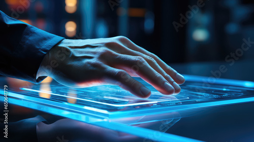 Hand touching a glass computer, in the style of futuristic sci-fi aesthetic, human-canvas integration, photorealistic pastiche, neon-lit urban, selective focus Ai Generative photo