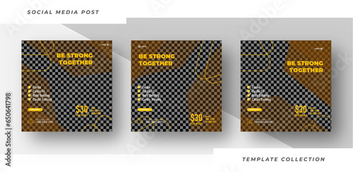 Be strong together design set for gym and fitness. Black background shape. Fitness social media post banner template