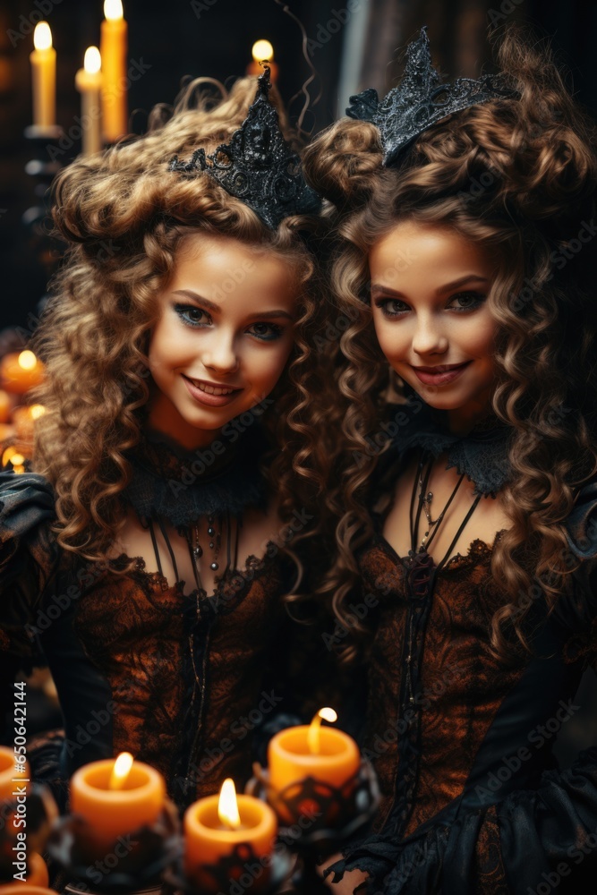 Happy cute girls wearing Halloween witches costumes having fun at Happy Haloween party celebration. Magical holiday funny festive fall night celebration invitation background. Portrait. Happy cute girls wearing Halloween witches costumes having fun at Happy Haloween party celebration. Magical holiday funny festive fall night celebration invitation background. Portrait.