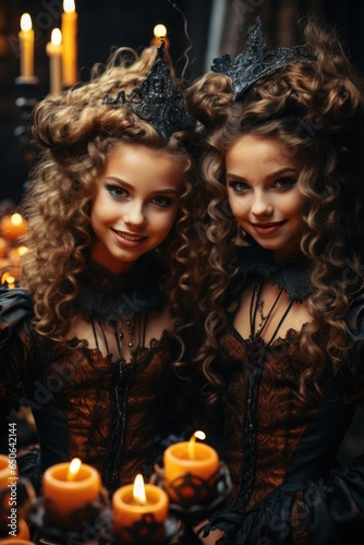 Happy cute girls wearing Halloween witches costumes having fun at Happy Haloween party celebration. Magical holiday funny festive fall night celebration invitation background. Portrait. © Art AI Gallery