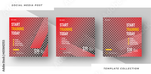 Start training be strong together design set for gym and fitness. Fitness social media post banner template
