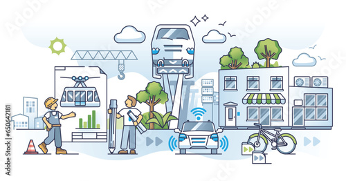 Future of urban transport with electric public transportation outline concept. Sustainable infrastructure planning with modern technologies and self driving cars, buses and trains vector illustration