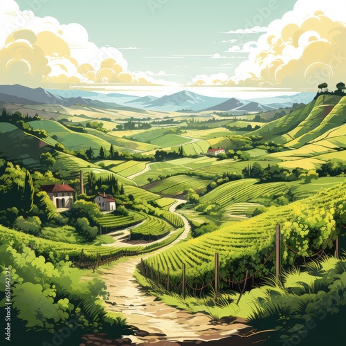 Lush vineyards cover the rolling hills in cartoon style