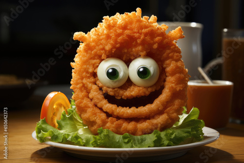 Onion ring anthropomorphic for Restaurant menus and websites, Food packaging, Food advertising campaigns, Children's books and magazines, Educational materials for schools, Fine art,  AI Generative photo