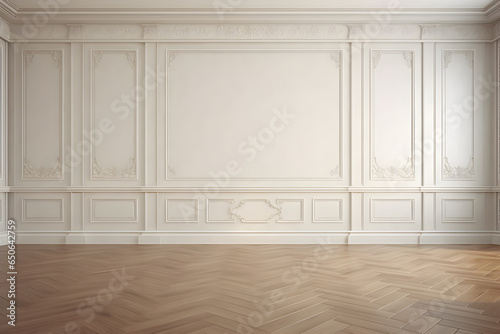 White classic wall background, brown parquet floor, home furniture detail, frame. empty room with white walls and wood floors