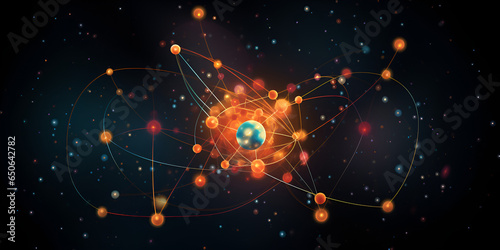 3D Illustration Atomic structure,Ai abstract spheres orange lines and dots spheres surrounded by bright elements © Ayesha