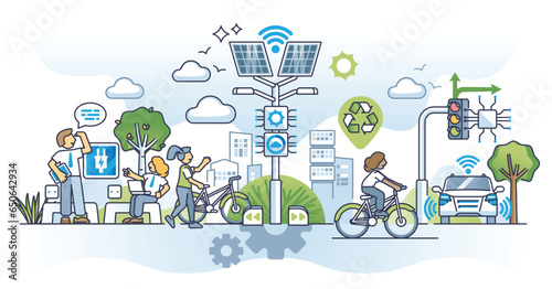 Navigating smart city and modern digitization management outline concept. Developing urban environment with IOT and 5G technology for effective transportation and infrastructure vector illustration.