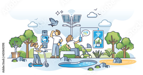Digital and physical merge as reality and virtual connection outline concept. Futuristic experience with connected gadgets to 5G smart city environment vector illustration. Interactive technology.