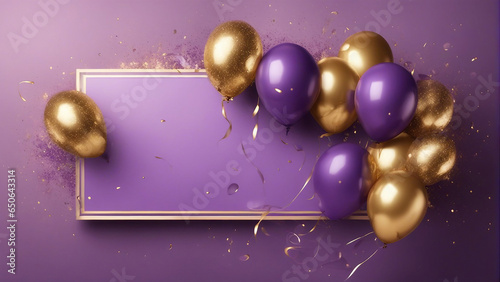 golden and purple balloons with particles banner template