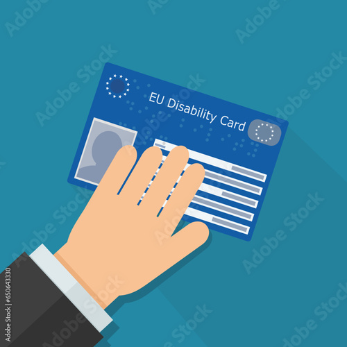 A hand presents a European Union disability card on a blue background in flat design style