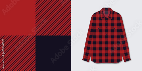 Flannel shirt mockup vector template design with red and black lumberjack buffalo plaid seamless pattern