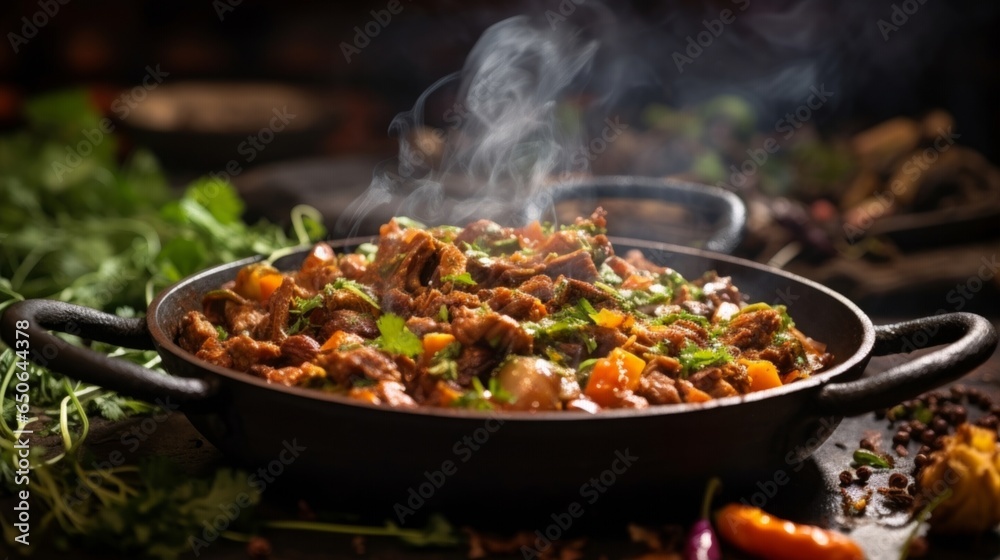 hot pot with thinly sliced meat and veggies, focusing on the seared edges of the meat and steam rising from the pot