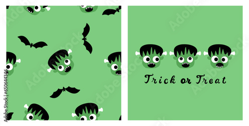 Seamless pattern with Frankenstein head and bat on green background vector. Set of Frankenstein cartoons and hand written font vector.