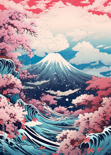 Papier peint fantasy japanese landscape With The Great Wave of Kanagawa,Cherry Blossoms and