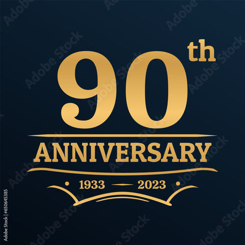90 years anniversary golden logo, icon, label or badge. 90th jubilee, birthday celebration vintage design template. Wedding, invitation card element. Vector illustration.