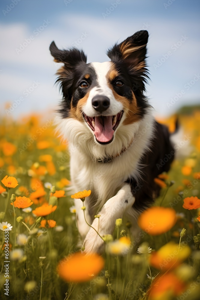 Happy border collie is running through a field of flowers