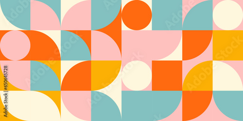 Retro geometric aesthetics. Bauhaus and avant-garde inspired vector background with abstract simple shapes like circle, square, semi circle. Colorful pattern in nostalgic pastel colors. © dinadankersdesign