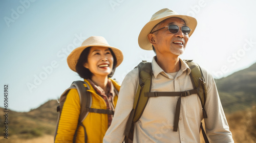 Senior couple hiking travel lifestyle. Healthy active retirement on vacation © ReneLa/Peopleimages - AI