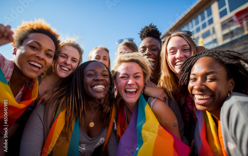 A group of smiling women march in an LGBTQ+ demonstration with rainbow flags