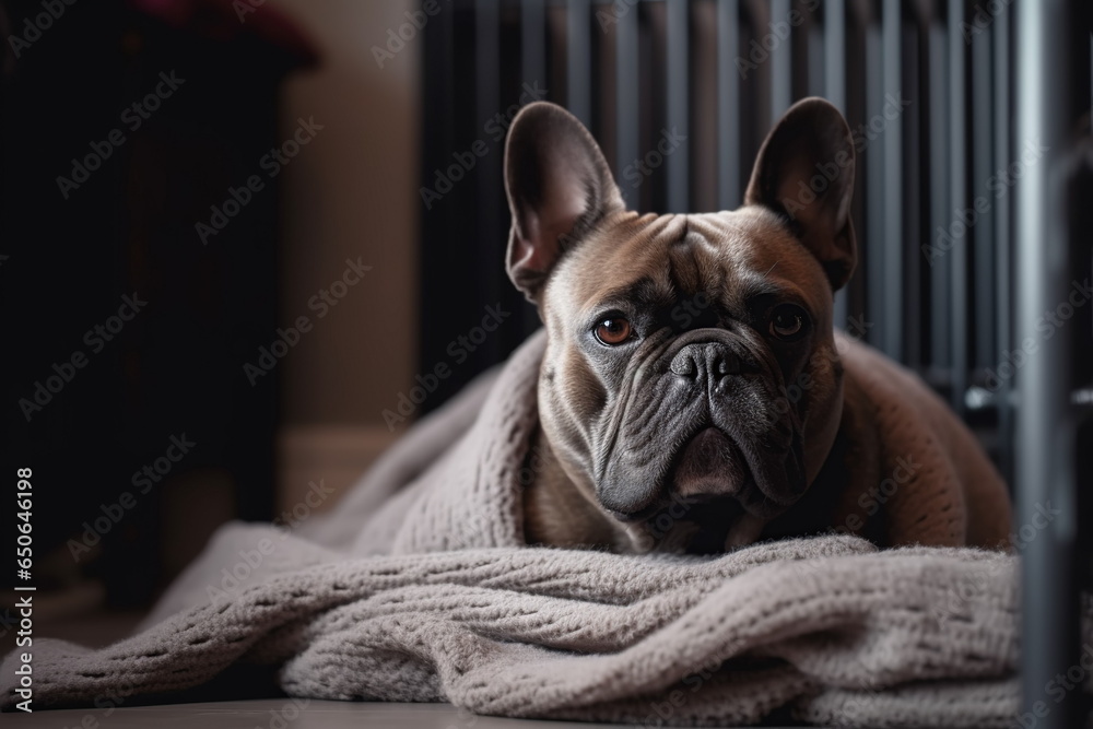 French bulldog dog wrapped in warm blanket lying down on floor near heating radiator at home in cold winter. Saving energy concept.