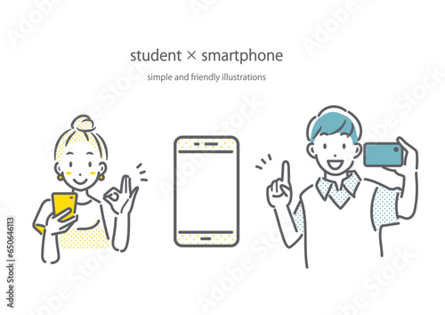 スマホを持って笑う若者　シンプルでお洒落な線画イラスト