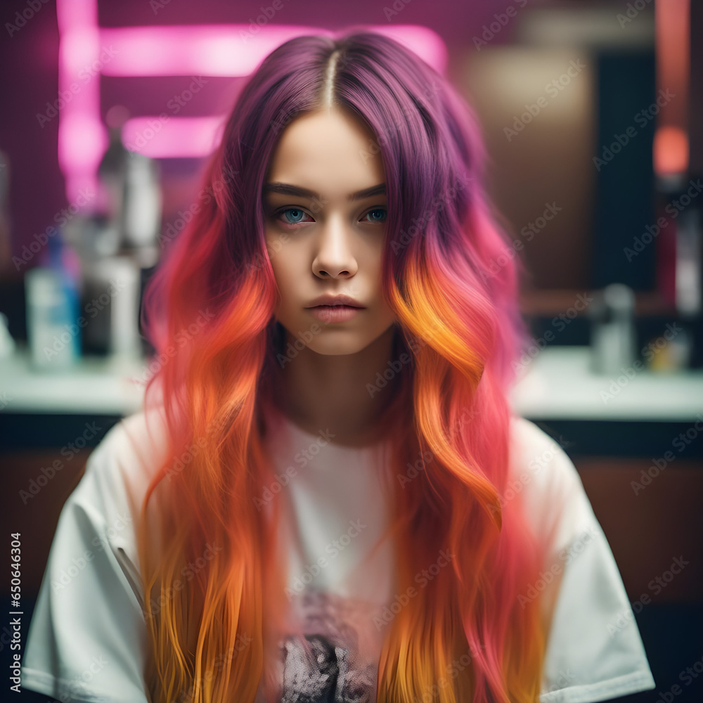 Woman had her hair dyed crazy colors, purple, orange, pink and curled at a hair salon Woman had her hair dyed crazy colors, purple, orange, pink and curled at a hair salon