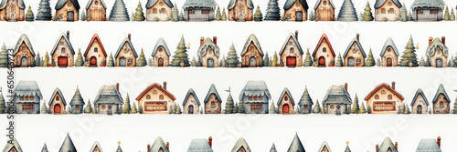 Seamless. A background image featuring fairy tale houses against a white background, creating a charming and whimsical atmosphere perfect for storytelling. Illustration
