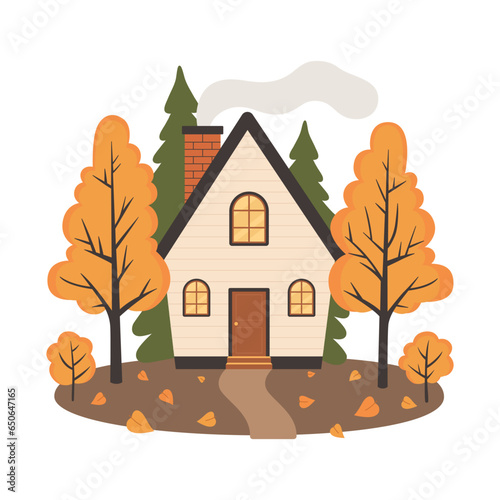 Autumn landscape with cute wooden house, trees with falling leaves, fir trees, bushes and footpath. Country house with smoke from chimney in autumn forest. Vector flat illustration isolated on white