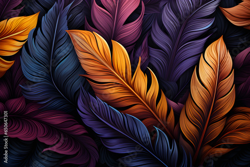 Seamless pattern with colorful feathers on dark background. Vector illustration, Ai Generated