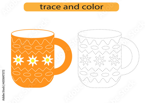 Tracing lines for children development, bright mug cup tableware, handwriting practice for children, vector EPS10