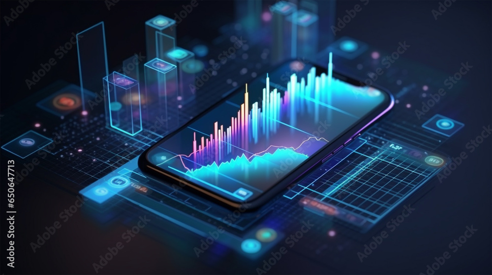 Application of Smartphone with business graph and analytics data on an isometric mobile phone. Analysis trends and software development coding process concept. Programming, testing cross-platform code - obrazy, fototapety, plakaty 