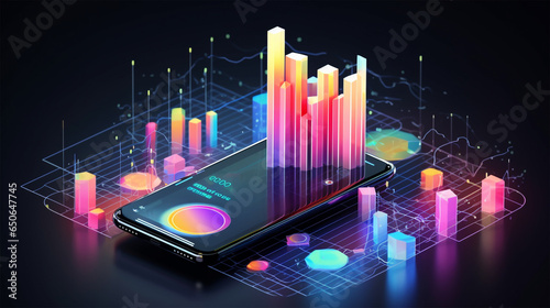 Application of Smartphone with business graph and analytics data on an isometric mobile phone. Analysis trends and software development coding process concept. Programming, testing cross-platform code