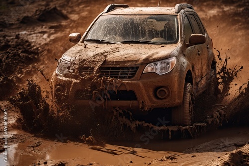 Off-road travel Car driving through mud Passed hard