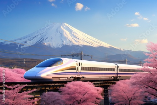 Bullet trains pass by Mount Fuji and Shibazakura in spring. Shinkansen in Japan photo