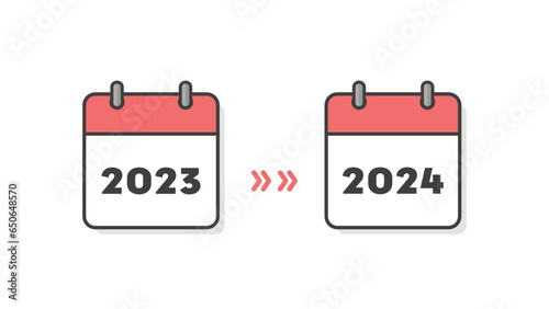 2023年と2024年のカレンダーと矢印 - 2年分の計画の告知や変更･延期のイメージ素材
