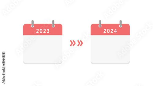 2023年と2024年の白紙のカレンダーと矢印 - 2年分の計画の告知や変更･延期のイメージ素材